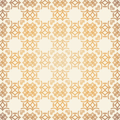 Vector seamless pattern with line art ornament and golden gradient . Retro background for design in vintage style. Ornamental lace. Ornate floral decor for wallpaper. Endless texture. 