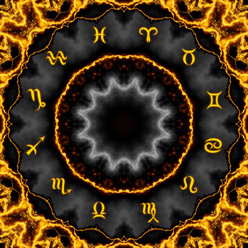 Magic circle with zodiacs sign on abstract mystic background.