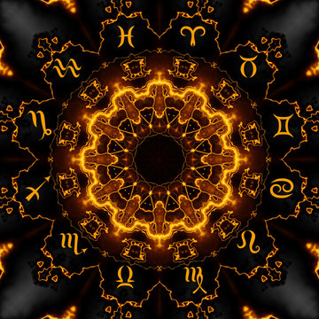 Magic circle with zodiacs sign on abstract mystic background.