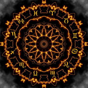 Magic circle with zodiacs sign on abstract mystic background.