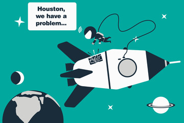 Astronaut in open space, eliminates the problem with the rocket and send message "Houston, we have a problem" to the earth. Flat design concept