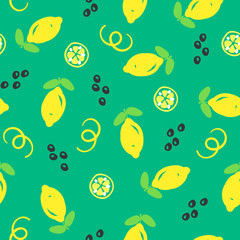 Stoffe zum Nähen Zitrone, schwarze Olive und in Scheiben geschnittene Zitronen nahtloses Muster mit hellgrünem Hintergrund. Hand gezeichnete Vektor-Illustration
