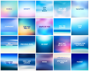 BIG set of 20 square blurred nature blue backgrounds number 2. With various quotes. Sea ocean sky blurred blue background