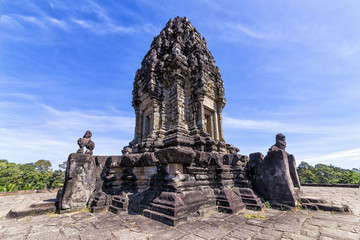 The Bakong temple pyramid summit, located near Siem Reap, Cambodia. The structure of Bakong took...