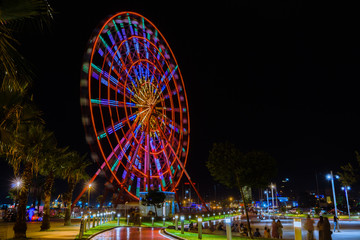 The bright ferris wheel is one of the most popular attractions in city