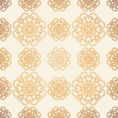 Vector seamless pattern with line art ornament and golden gradient . Retro background for design in vintage style. Ornamental lace. Ornate floral decor for wallpaper. Endless texture. 