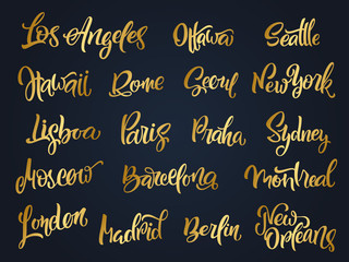 Set of handwritten city names. Hand-lettering calligraphy. London, Paris, Berlin, Madrid, New York, Moscow, Barcelona, Hawaii, Lisboa, Los Angeles, Montreal,New Orleans, Praha, Rome, Seoul, Sydney etc