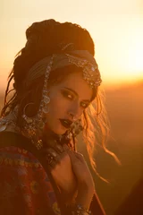 Gordijnen People boho vrouw op zonsondergang  © Andrey Kiselev