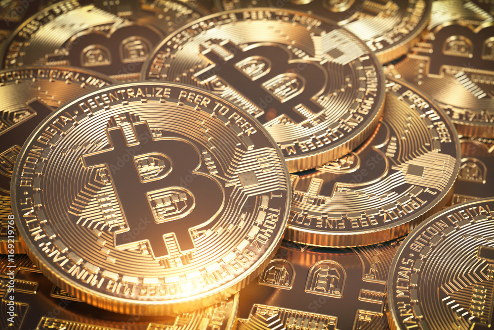 Poster bitcoins hepa. golden virtual currency coins background..