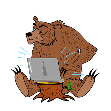 Russian hacker bear with laptop on wood stump.