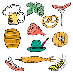 Oktoberfest National German Festival. Set of a glass of beer with foam, sausage on a fork, pretzel, pork ham, fish on stick, hops, barley, barrel, hat. Hand drawn doodle isolated on white background