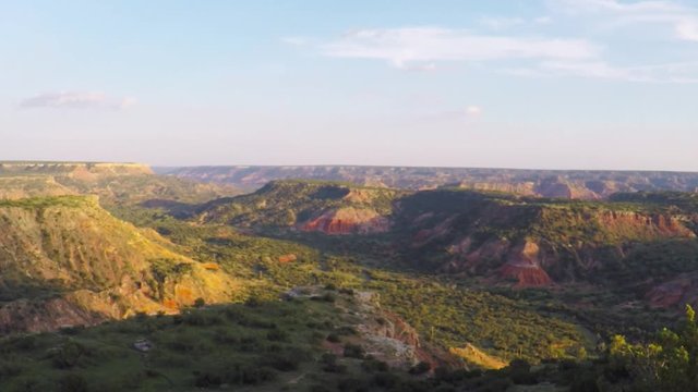 Palo Duro canyon, Texas state park. August, 2017. POV. point aerial view of canyon at sunset.