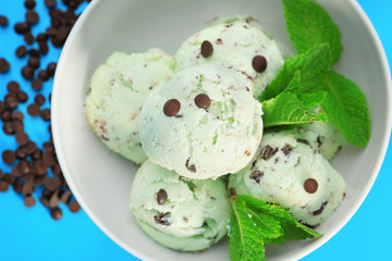 Bowl with delicious mint chocolate chip ice cream, closeup