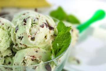 Dessert bowl with delicious mint chocolate chip ice cream, closeup