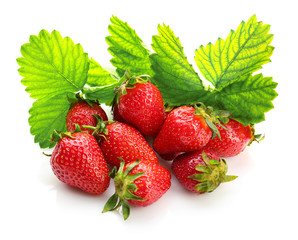 Perfect delicious strawberry with leaves on white background