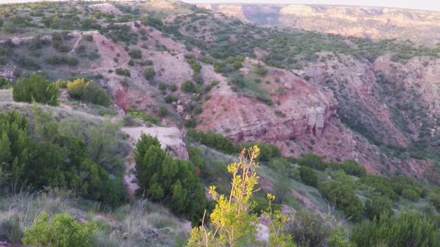 Palo Duro canyon, Texas state park. August, 2017. POV. point aerial view of canyon at sunset.