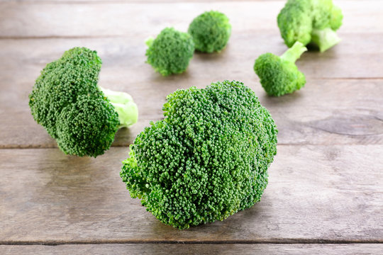 Fresh green broccoli on table