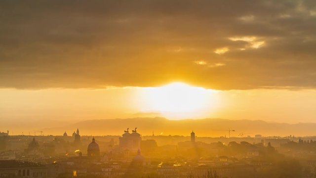 Aerial close-up timelapse of sunrise above the Rome's Vittoriano (National Monument to Victor Emmanuel II). Rome, Italy. April, 2016.