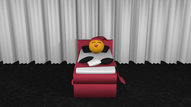 putziges Emoticon mit Schlafmütze und Schnuller schläft im brombeerfarbenen Boxspringbett.