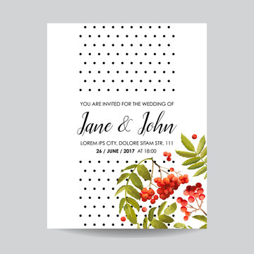 Wedding Invitation Template. Floral Greeting Card with Rowanberry and Leaves. Decoration for Marriage Ceremony. Vector illustration