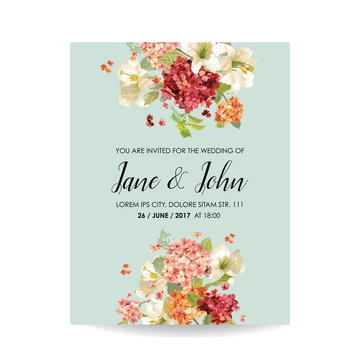 Save the Date Card with Autumn Vintage Hortensia Flowers for Wedding, Invitation, Party in vector