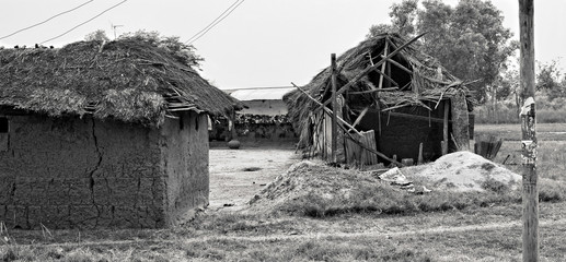 Clay houses with thatched roof. African village. Rural area. Black and White Photography.