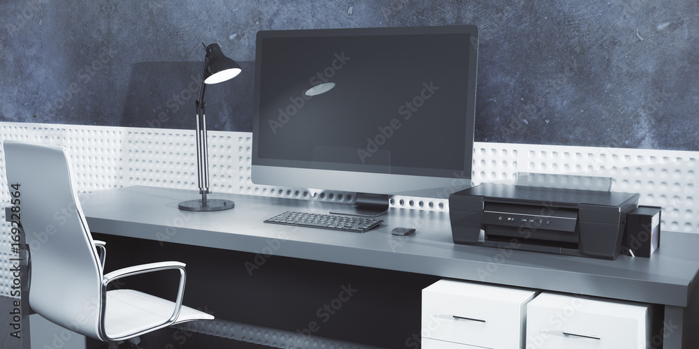 Poster Creative designer desktop with empty computer