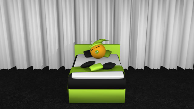 putziges Emoticon mit Schlafmütze und Schnuller schläft im apfelgrünem Boxspringbett.
