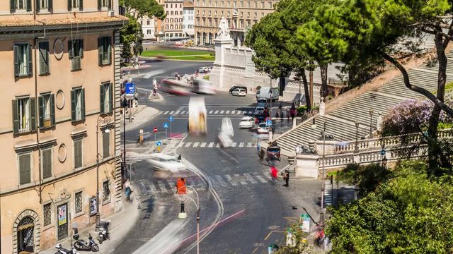 Timelapse of the car trffic and people crowd near Venice squre (Piazza Venezia) and Capitoline Hill steps. Rome, Italy. April, 2016.