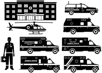 Medical concept. Set of different silhouettes ambulance cars, hospital, emergency doctor man and helicopter isolated on white background. Vector illustration. © yustus