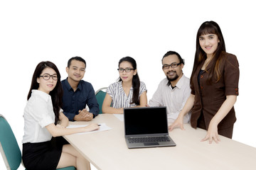 Fototapeta premium Arabian businesswoman with blank computer