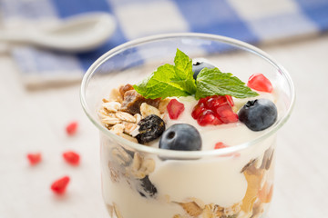 Cup of breakfast healthy muesli with blueberries, seeds of pomegranate and yogurt.