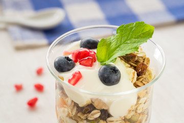 Cup of breakfast healthy muesli with blueberries, seeds of pomegranate and yogurt.