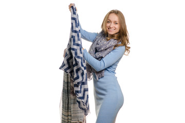Young woman in autumn dress shawls 