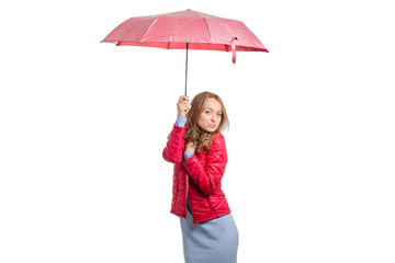 Young woman in a jacket with an umbrella rain