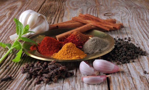Powder spices and herbs. Aromatic ingredients in kitchen.