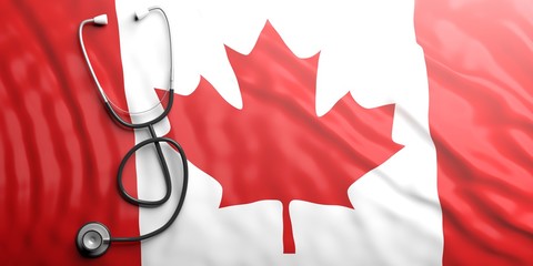 Stethoscope on Canada flag, 3d illustration