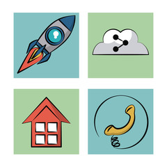white background with color frames with icons of rocket and cloud link and home and phone vector illustration