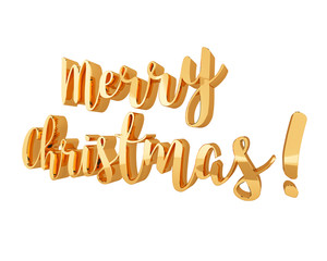 Merry Christmas golden sign on white background, design element for banners, flyers. 3D illustration.