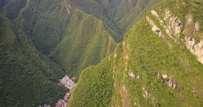 Aguas Calientes Peru Aerial v9 Flying high above town panning down