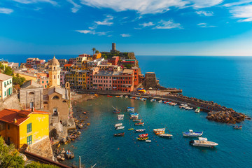 Fototapeta na wymiar Aerial panoramic view of Vernazza fishing village in the evening, Five lands, Cinque Terre National Park, Liguria, Italy.