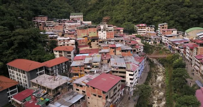 Aguas Calientes Peru Aerial v14 Flying low over town and river