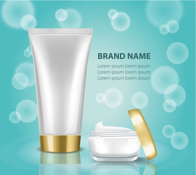 Beauty Care Products Package On The Teal Background With Water Bubbles. Mock Up Cosmetic Bottle And Tube For Cream, Gel, Liquid, Shampoo, Foam. 3D Realistic Vector Illustration For Design, Template