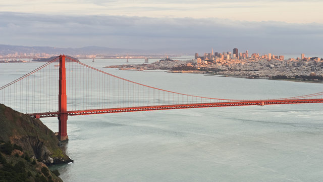 The Golden Gate bridge, as seen from the Marin Headlands, at sunset