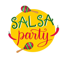 Salsa party hand-drawn lettering with maracas and chilly pepper on yellow background for colorful latino salsa party banner. Vector illustration