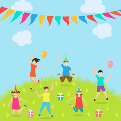 Children Have Fun Party. Amusement Park. Active Kids Jumping