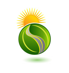 Globe of leafs sun and road logo