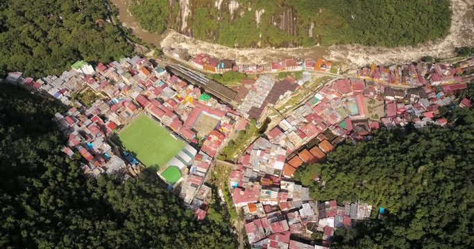 Aguas Calientes Peru Aerial v23 Flying above town looking down panning