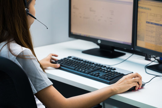 Mouse Click, Woman Hand With Mouse And Computor Two Monitor