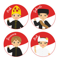 Indonesian boys wearing traditional dress waving their hand, with Indonesian flag circle background cartoon vector